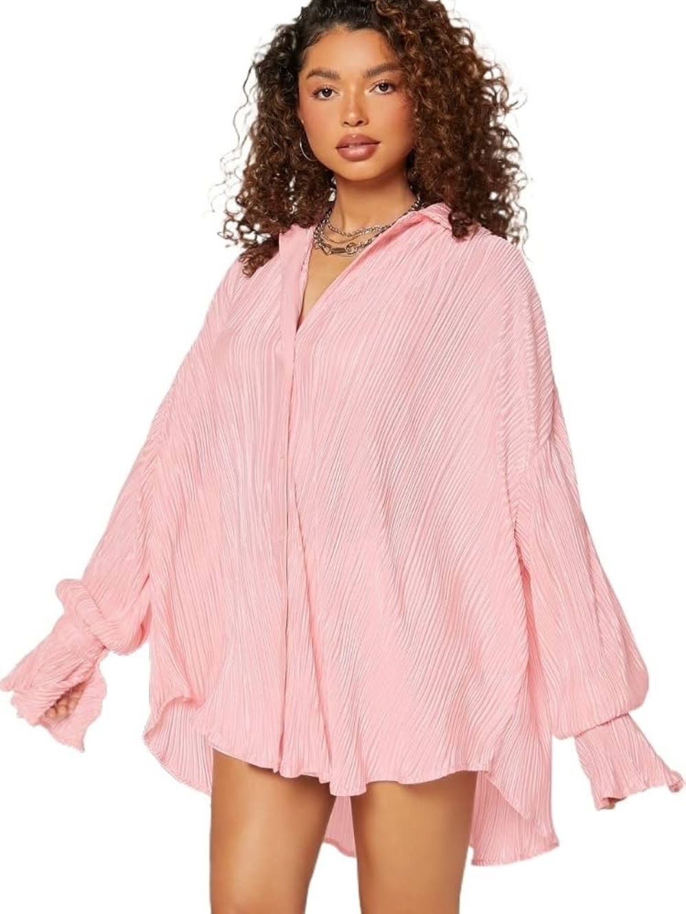 SHEIN EZwear Pink Plisse Flounce Sleeve High Low Button Down Shirt Size Large